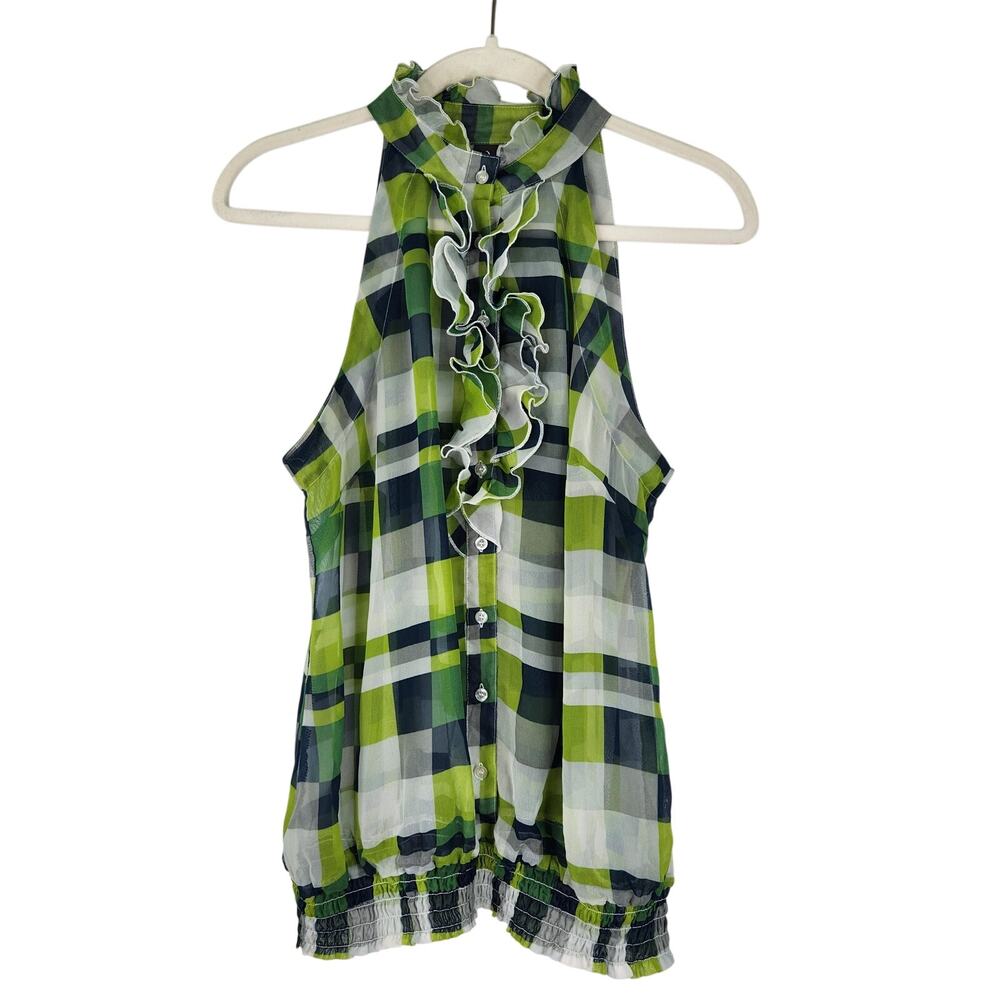 Dots Blue Green Gray Block Sheer Sleeveless Button Down Large Retro Y2K 90s